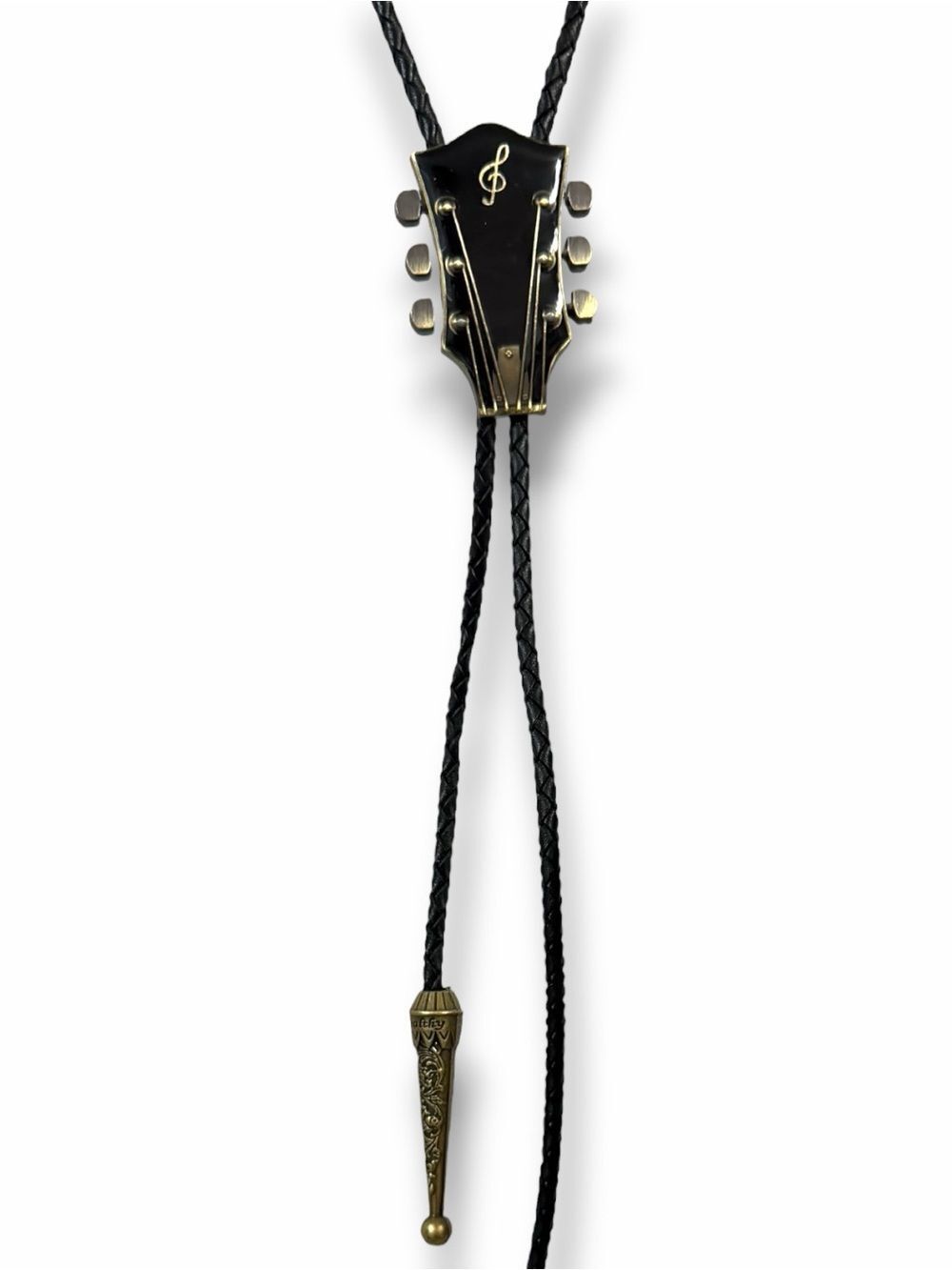 Black Guitar Bolo Tie Silver Accents Leather Braided Western Music Necktie NWT - Picture 4 of 4
